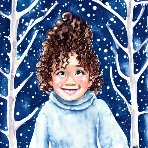 Image similar to a little girl with curly brown hair and a happy expression in a snowy forest trying to catch snowflakes. Watercolor, trending on artstation