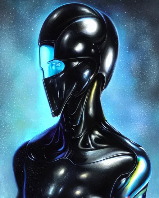 Image similar to iridescent sinewy smooth muscular male sleek glossy black pearlescent scifi armor with smooth black featureless helmet, by mark brookes, jim burns, tom bagshaw, magali villeneuve, trending on artstation