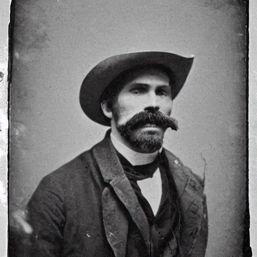 Image similar to A photograph portrait of Jerma985 as a cowboy with a pyramidal mustache in the late 1800s, taken in the late 1800s, 1870s, grainy, taken on a Field View Camera, realistic, hyperrealistic, very realistic, highly detailed, very detailed, extremely detailed, detailed, digital art, trending on artstation