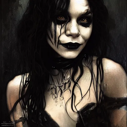 Image similar to beautiful portrait of vanessa hudgens as death from sandman, smiling, by cedric peyravernay, alphonse mucha, by jeremy mann, by lecouffe deharme, goth chic, soft lightning, eyeliner, punk rock, high detailed, 8 k