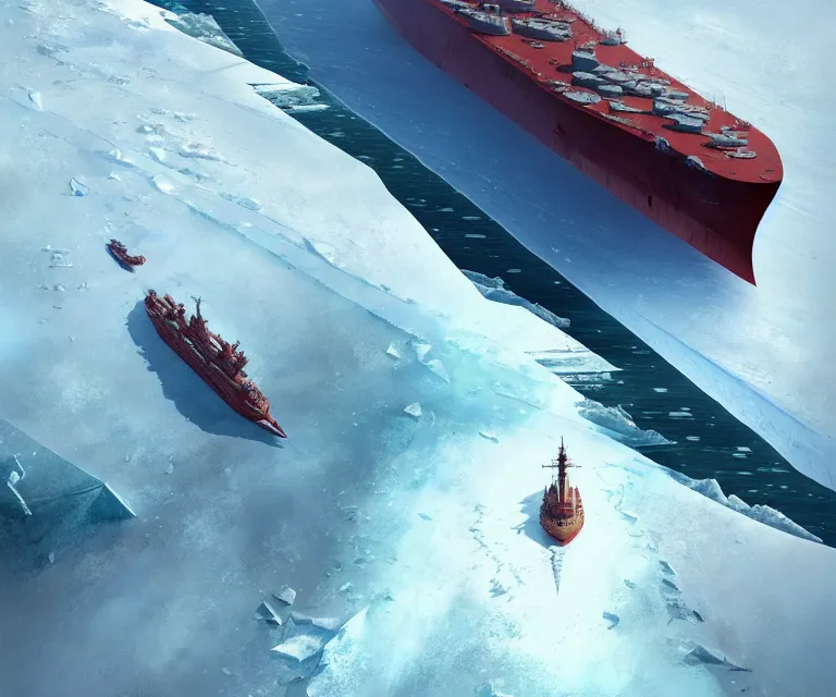 Image similar to one singular solo enormous gigantic steel ship - shaped fortress sailing across an icy frozen ocean. masterpiece, cinematic, octane render, depth of field, bokeh, architecture, aerial view, art by tom bagshaw, geof darrow, james gurney, filip hodas