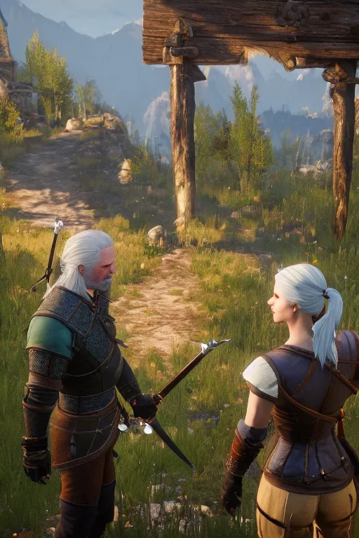 Prompt: witcher 3 ciri and geralt opening a portal to middle - earth, 8 k, highly detailed, unreal engine