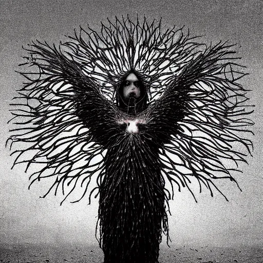 Image similar to horryfing mutant bird made of electricity fused with thousands of birds, thousand heads, mutilated, horror, blood, heavy damage, post apocalyptic, dystopian surrealism, grey, zdzisław beksinski, sad atmosphere, volumetric light, style giger, alex ries, symmetry accurate features, symmetry accurate features, very intricate details, high resolution, intricate