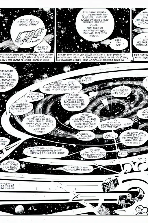 Image similar to comic book page, space-time diagram