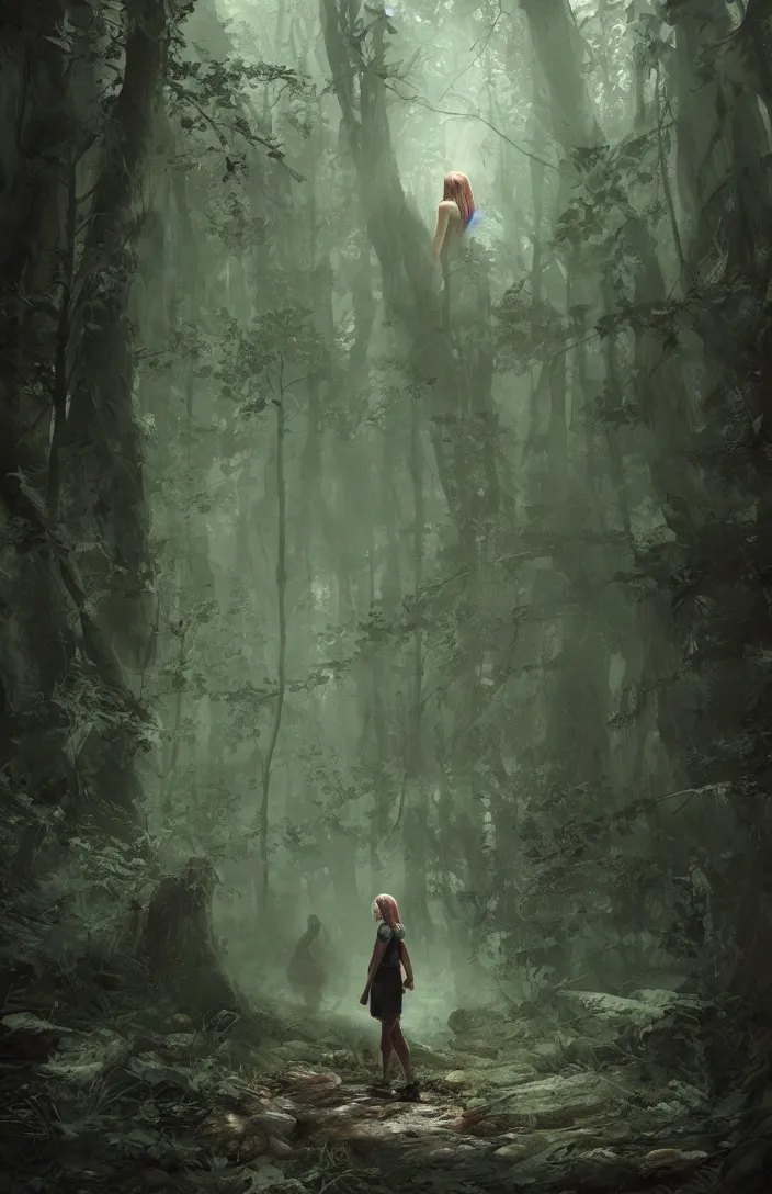 Prompt: a lost girl in the woods, digital painting, concept art, smooth, sharp focus, hyperrealistic, illustration, artstation trending, octane render, unreal engine, ambient light, dynamic lighting, magical, dark fantasy