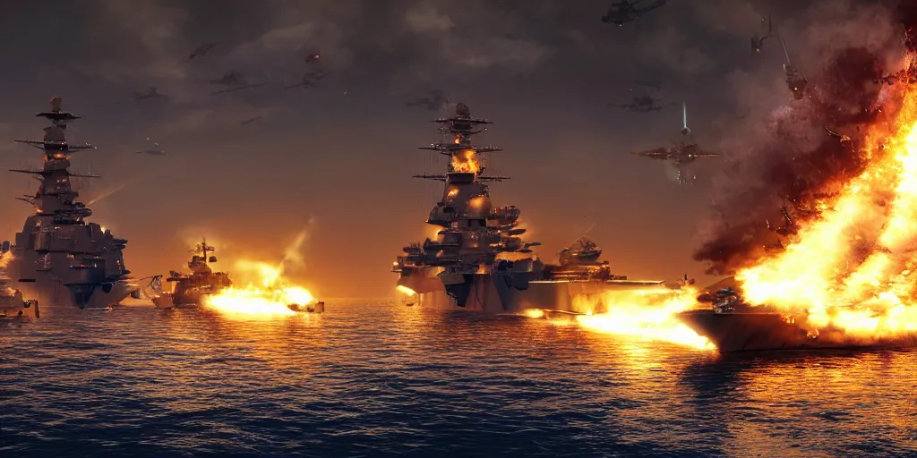 Prompt: a naval battle far away with battleships and torpedoes in the night with fire and bullet tracers flying, high detail, high definition, photorealistic, 8k,