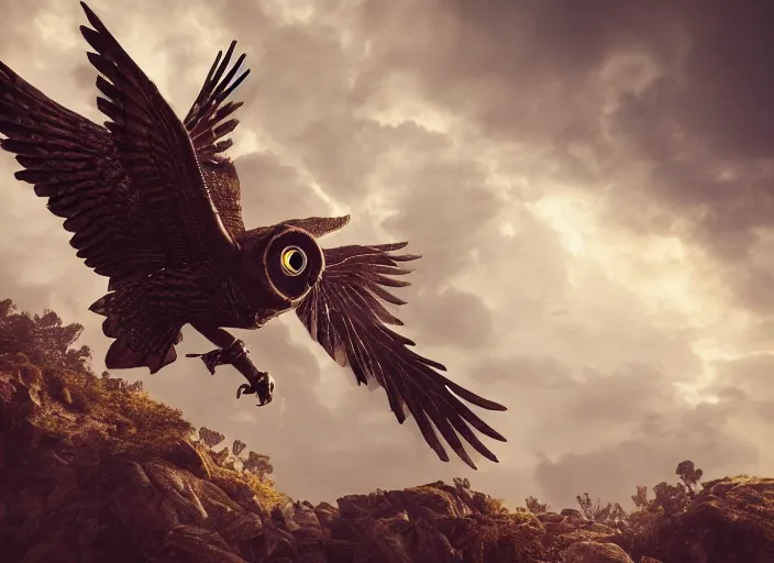 Image similar to a flying Warrior owl art nuveau, steampunk, symmetry, cinematic lighting , unreal engine,