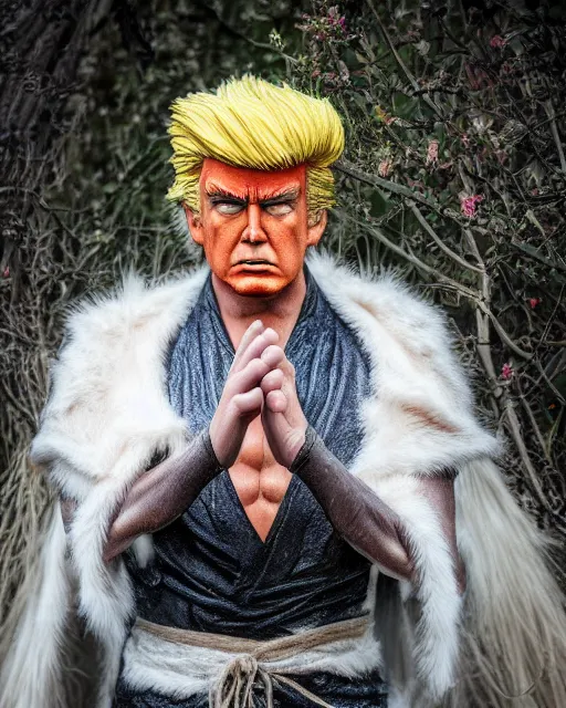 Image similar to award winning 5 5 mm close up portrait color photo of trump as songoku, in a park by luis royo. soft light. nikon d 7 5 0