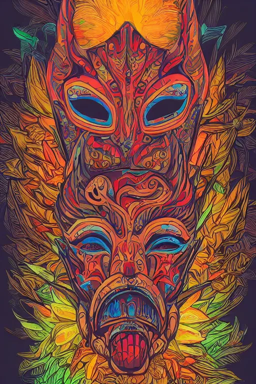 Image similar to animal mask totem roots flower tribal feather gemstone plant wood rock shaman vodoo video game vector cutout illustration vivid multicolor borderlands comics by josan gonzales and dan mumford radiating a glowing aura