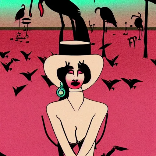 Image similar to A surreal comic noir illustration containing a beautiful woman and Flamingos on a desert beach oasis by Salvador Dali, dark vibes, high contrast, pastel lighting, cinematic, depth of field, 8k