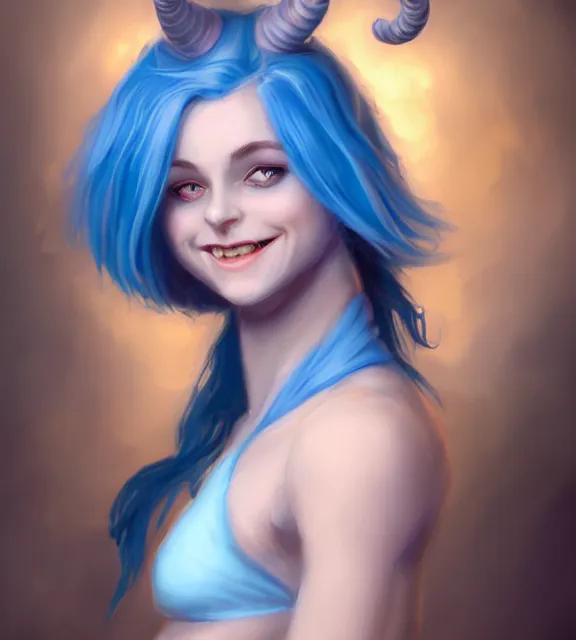 Prompt: cute female tiefling smiling wearing pale blue halter top, perfect face, blue hair, abs, blue skin, cinematic, blush, stunning, elegant, highly detailed, psychedelic, digital painting, artstation, smooth, hard focus, illustration, art by jessica rossier and and brian froud