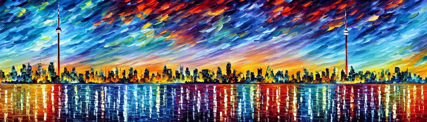 Prompt: landscape of Toronto skyline by Leonid Afremov, concept art, photo realistic, high resolution, contrast, colorful, no text