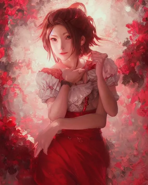 Image similar to aerith gainsborough in red lace skirt, portrait, illustration, rim light, top light, perfectly shaded, soft painting, art by krenz cushart and wenjun lin