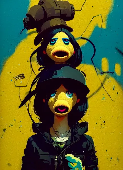 Image similar to highly detailed portrait of a moody sewerpunk young adult muppet lady by atey ghailan, by greg rutkowski, by greg, tocchini, by james gilleard, by joe fenton, by kaethe butcher, gradient yellow, black, brown and cyan color scheme, grunge aesthetic!!! ( ( graffiti tag city background ) )