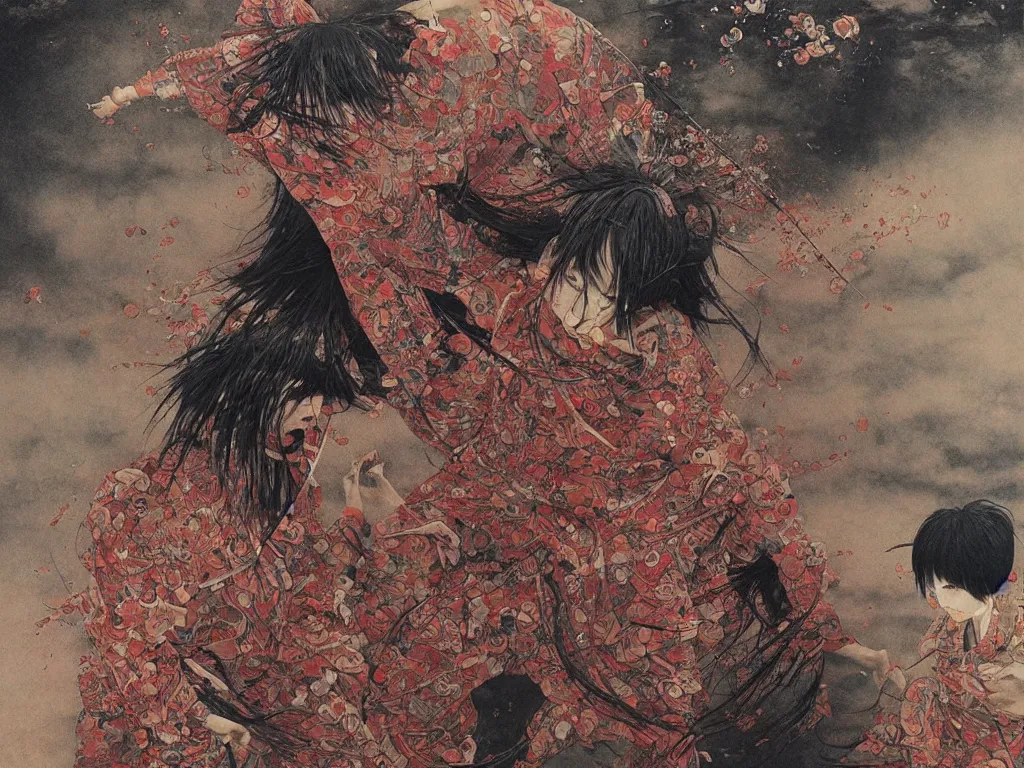 Image similar to Japanese schoolgirl runs away from Samurai with a katana on the subway, high detailed Beksinski painting, part by Adrian Ghenie and Gerhard Richter. art by Takato Yamamoto. masterpiece