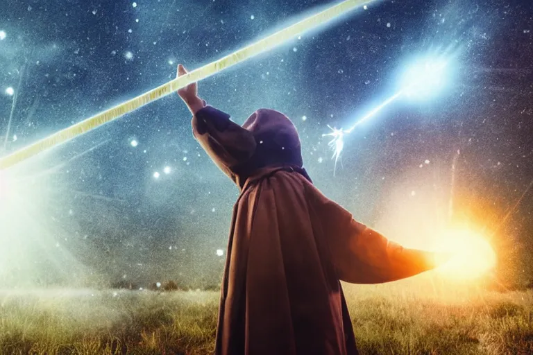 Image similar to a young wizard points their wand, a blast of bright magic flies from the end of the wand, on an empty moonlit moor, dramatic lighting, lens flare, cinematic photography