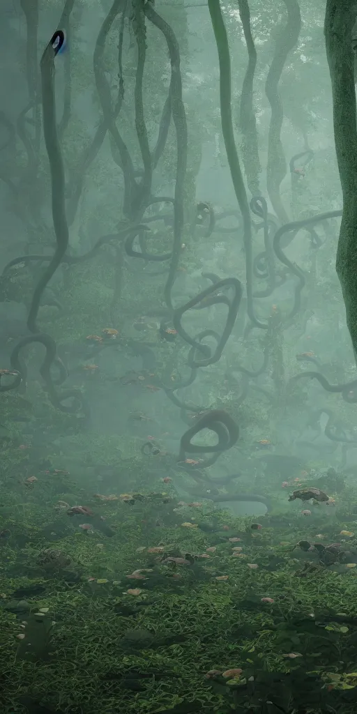 Image similar to a beautiful forest full with hundreds of giant floating octopusses, beautiful low light, octane render 8 k