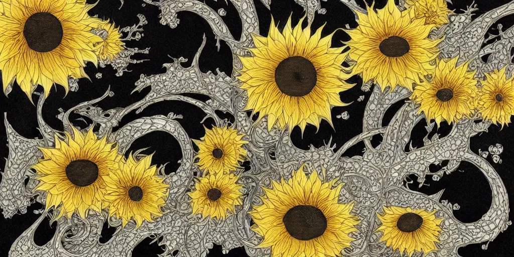 Prompt: A blooming sunflower, by Hokusai and Joe Fenton, Black paper with intricate and vibrant yellow line work, Mandelbulb Fractal, Full of silver layers, symmetry, Trending on Artstation, Incredible dark yellow and black gothic illustration, Exquisite detail