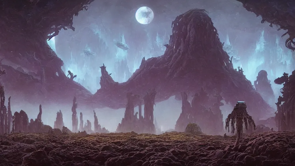 Image similar to eerie atmospheric alien planet with biomechanical plants and the ruins of civilization by les edwards and vincent di fate and anato finnstark, epic cinematic matte painting