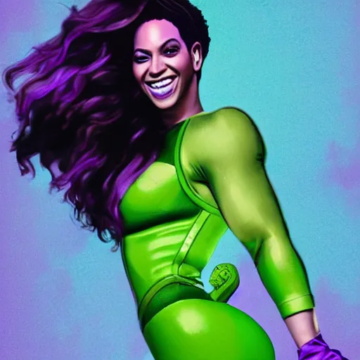 Prompt: Singer Beyoncé as She-Hulk with green skin, white leotard with two purple vertical stripes, green skinned, wearing purple and white fingerless gloves, wearing purple and white sneakers, mini skirt, smiling, photorealistic, sports illustrated, detailed legs, hyperreal, surreal, bokeh, tilt shift photography, green arms, green legs, green face,