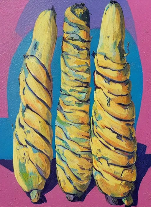 Prompt: bananas look like baguettes on a palm tree, intricately detailed acrylic painting