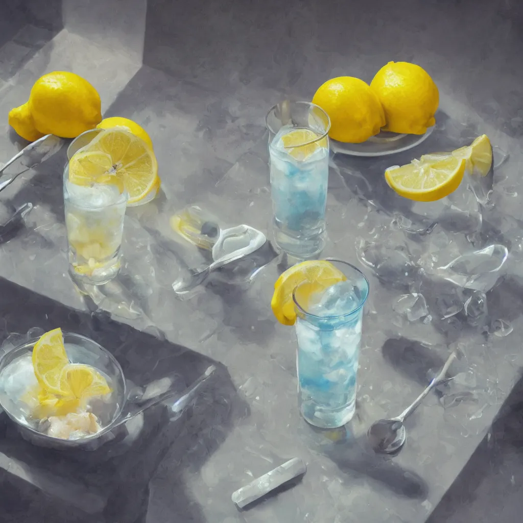 Image similar to a still life painting of cold drinks, ice cream, lemon embellishment, in the style of makoto shinkai, dreamy, soft, global illumination, radiant light, intricate environment, luminescence, highly detailed, 8 k