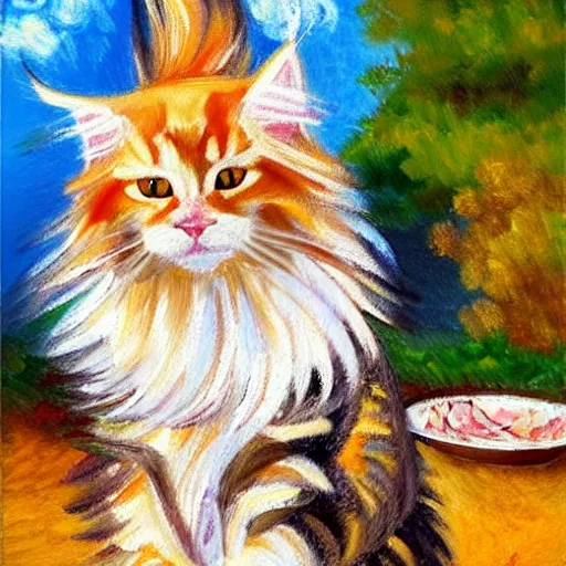Image similar to beautiful impressionist painting of an ginger maine coon with a white beard cooking a bbq outside