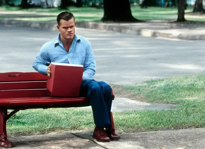 Image similar to film still of matt damon as forrest gump sitting on a bench with a box of chocolates in forrest gump, 4 k