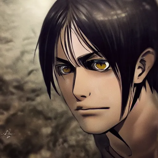 Image similar to photorealistic portrait photograph of real - life eren yeager looking at the camera, shingeki no kyojin, depth of field, soft focus, highly detailed, intricate, realistic, national geographic cover, soft glow, textured skin