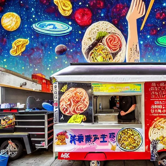 Prompt: a ramen foodcart on an asteroid at the end of the universe, aliens sitting on stools eating, cosmic and colorful, deep colors and bold strokes