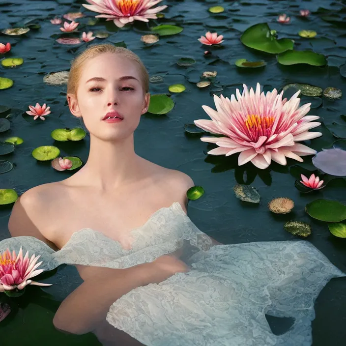 Prompt: Kodak Portra 400, 8K, soft light, volumetric lighting, highly detailed, britt marling style 3/4, photo close-up portrait of extreme beautiful girl floating in water surrounded by lily pads, half face in the water, a beautiful lace dress and hair are intricate with highly detailed realistic beautiful flowers , Realistic, Refined, Highly Detailed, natural outdoor soft pastel lighting colors scheme, outdoor fine art photography, Hyper realistic, photo realistic