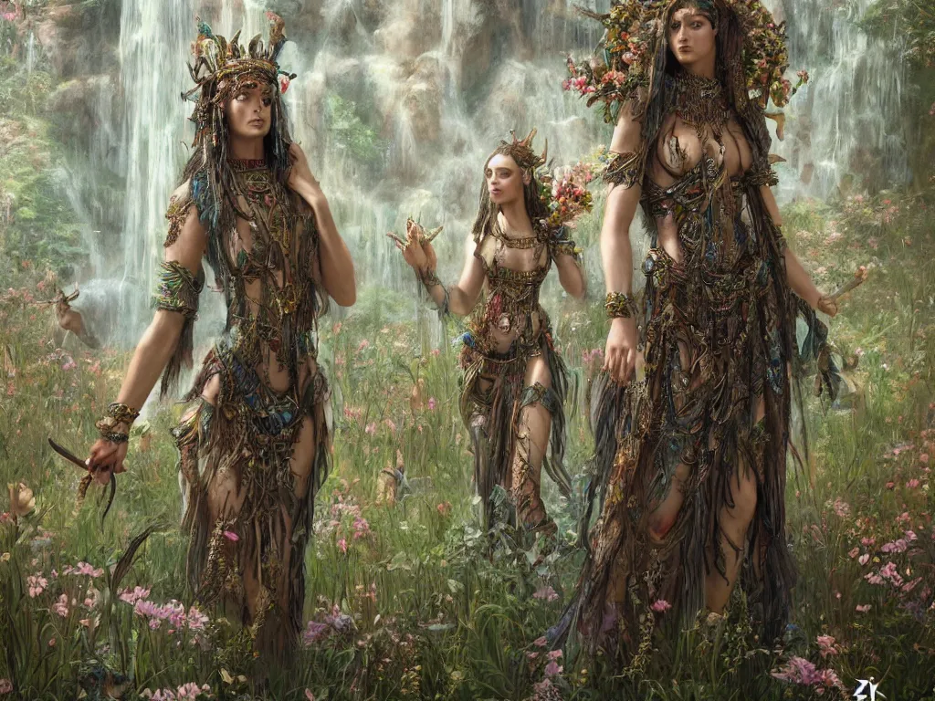 Image similar to a beautiful divine tribal high priestess with feathers and crystals in a lush field of flowers, highly detailed medieval temple with waterfall and deer water nymphs behind her, wide painting by greg rutkowski and hr giger, zbrush, trending on artstation