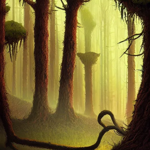 Prompt: an awesome alien forest painting by peter klasen, moebius, artstation