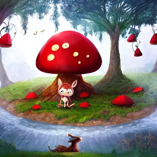 Prompt: beautiful storybook illustration of a cute fury creature eating lunch sitting on a red mushroom in a fantasy forest with old twisted trees, in the style of a Pixar movie, full shot, sharp and fine detailed, photorealistic, digital art, trending on Artstation, cinematic volumetric lighting