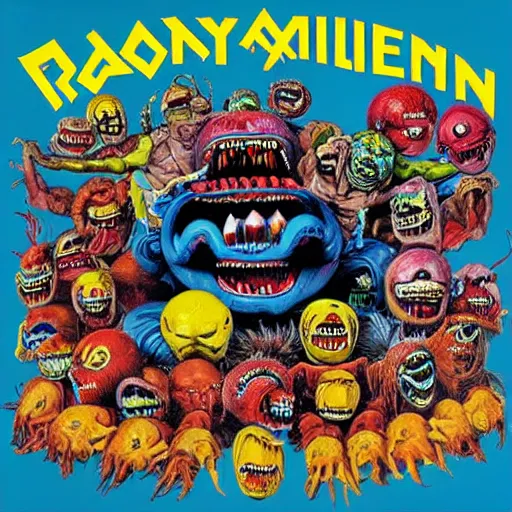Prompt: 8 0's madballs toys on iron maiden album cover, 8 k resolution hyperdetailed photorealism