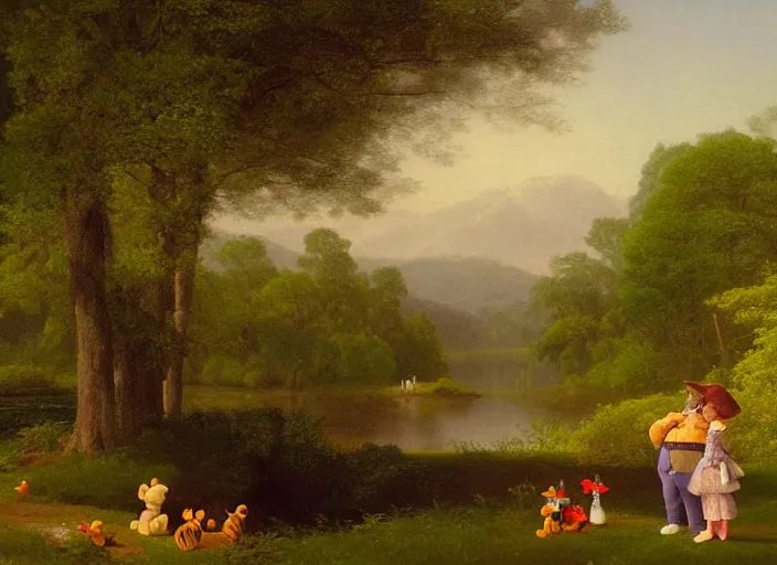 Image similar to american realist romanticism landscape painting of winnie the pooh characters at night, colorful paper lanterns, in the style of hudson river school and thomas cole and albert bierstadt and robert duncanson