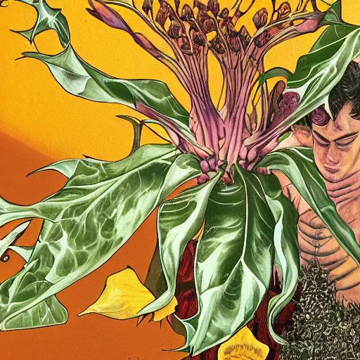 Image similar to close relationship between datura stramonium and men, mythical full of symbolism picture, hyper detailed, hyper realistic, warm colours, symbiosis