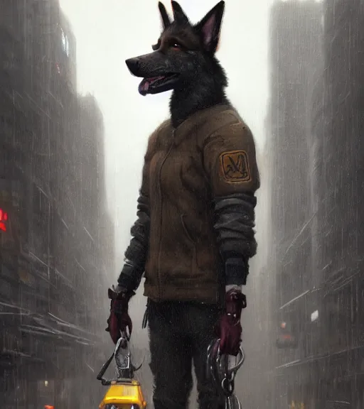 Prompt: new york city portrait of furry anthro anthropomorphic german shepard head animal person fursona wearing clothes strange cybernetic muzzle gloomy rainy cyberpunk digital art by Greg Rutkowski, Simon Stalenhag, christopher nolan trending on Artstation, CGSociety