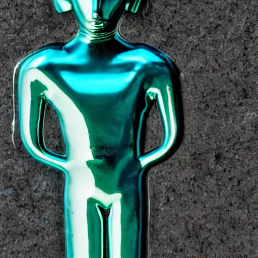 Prompt: teal green cyan and gold arcturian annunaki liquid metal bismuth andromedan martian telosian alien humanoid person 5 5 mm photography footage slightly glowing, ominous, hyperdetailed, maximalist