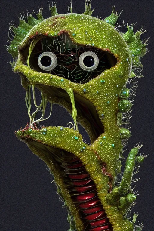 Image similar to portrait of a mutant carnivorous plant robot, intricate, Drosera capensis, dystopian, eyelashes as snap traps of Dionaea muscipula, extremely detailed, digital painting, sculpted in zbrush, artstation, concept art, smooth, sharp focus, illustration, chiaroscuro lighting, golden ratio, rule of thirds, fibonacci, incredible art by Stanley Artgerm Lau and Greg Rutkowski, composition by mike mignola and Simon Stalenhag,