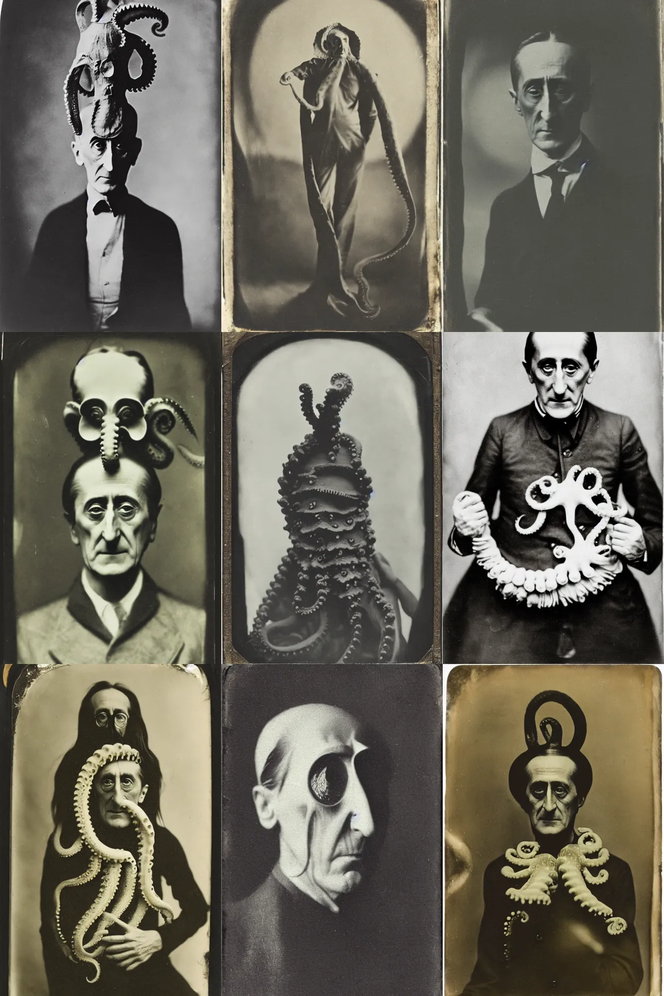 Prompt: tintype portrait of marcel duchamp in a octopus costume