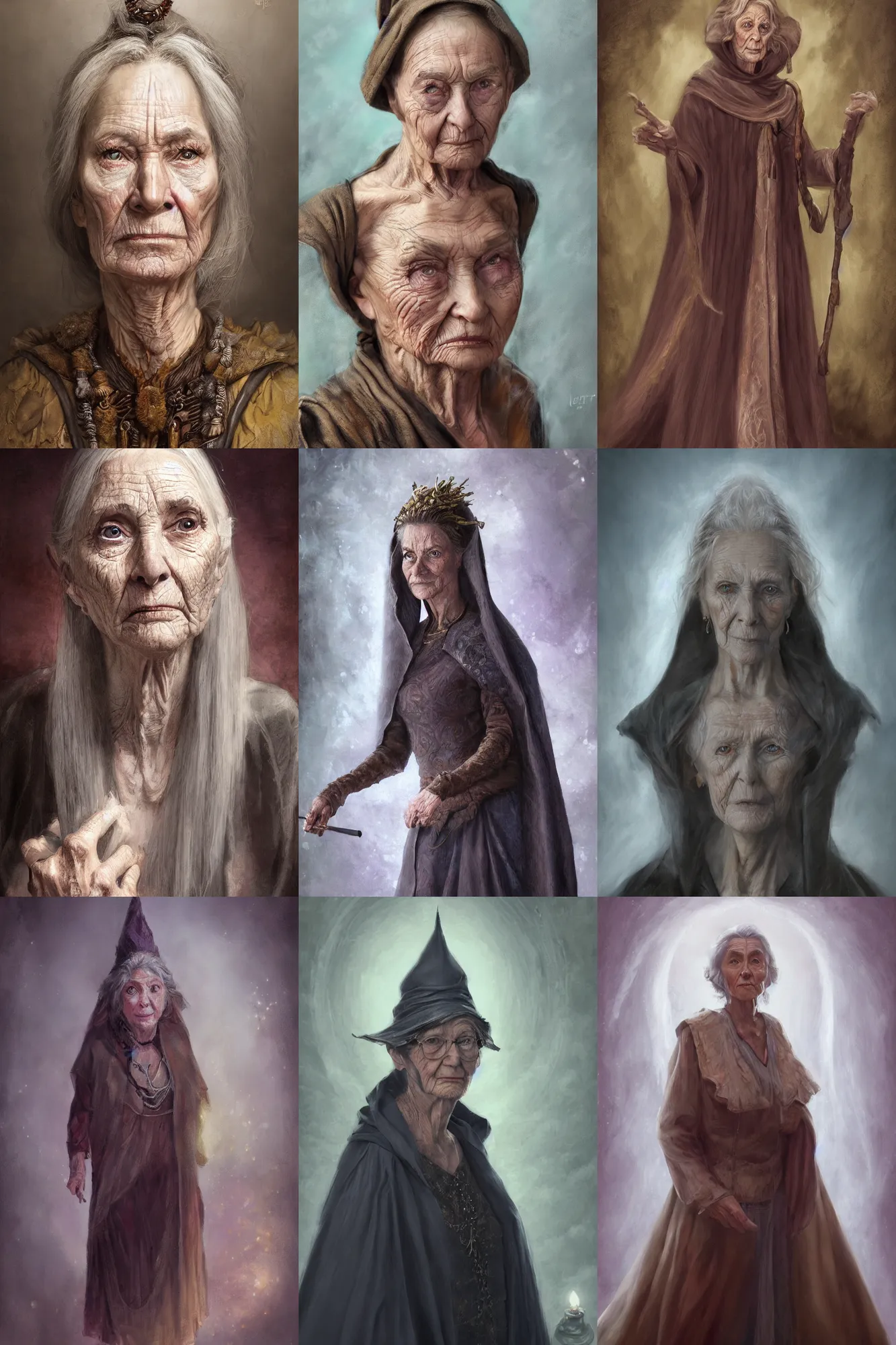 Prompt: a full body high detail fantasy portrait oil painting illustration of a single old elegant wizard woman by Justin Sweet with face and body clearly visible, pupils visible, realistic proportions, d&d, rpg, forgotten realms, artstation trending, high quality, sombre mood, artstation trending, muted colours, no crop, entire person visible!,
