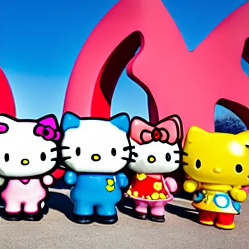 Prompt: sculpture of hello kitty and sanrio characters playing outside at a playground on a sunny day