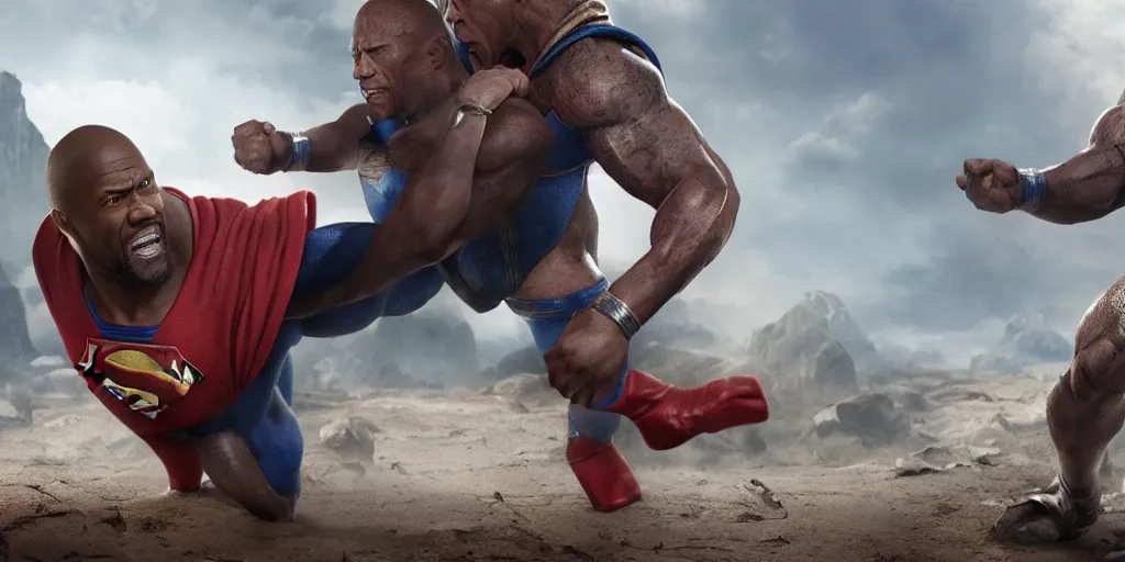 Image similar to kevin hart beating up the dwayne johnson in a superman costume, masterpiece, highly detailed, high quality, 4 k, anatomically correct, hyperrealistic, concept art, octane render, unreal engine 5, trending on artstation, trending on deviantart, matte, historical painting, fantasy style, path traced, high coherence, soft lighting, digital painting, mythical