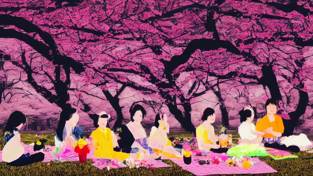 Prompt: a small group of people flower viewing sakura picnic, japan, a collage painting, in the style of wes anderson, lola dupre, david hockney, isolated on negative white space background dark monochrome neon fluorescent spraypaint accents volumetric octane render