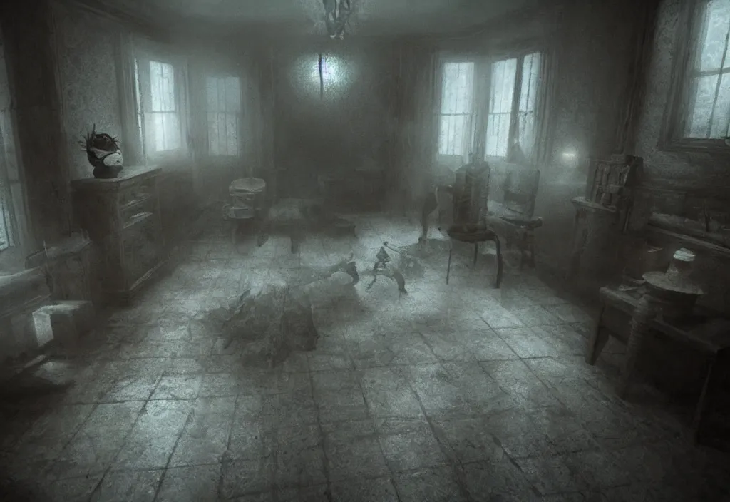 Prompt: eldritch shadows ghosts in a room of a haunted house. realistic, cinematic lighting, octane tender, dark - art
