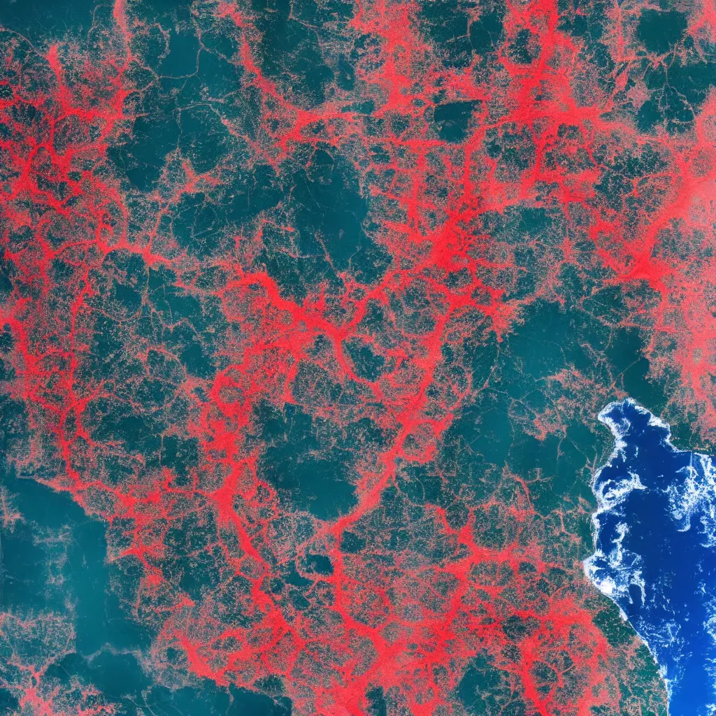 Image similar to a very polluted landscape seen by sentinel or landsat satellite during the night with red rivers and oceans surrounded by urban sediment, photorealistic, high resolution, best quality