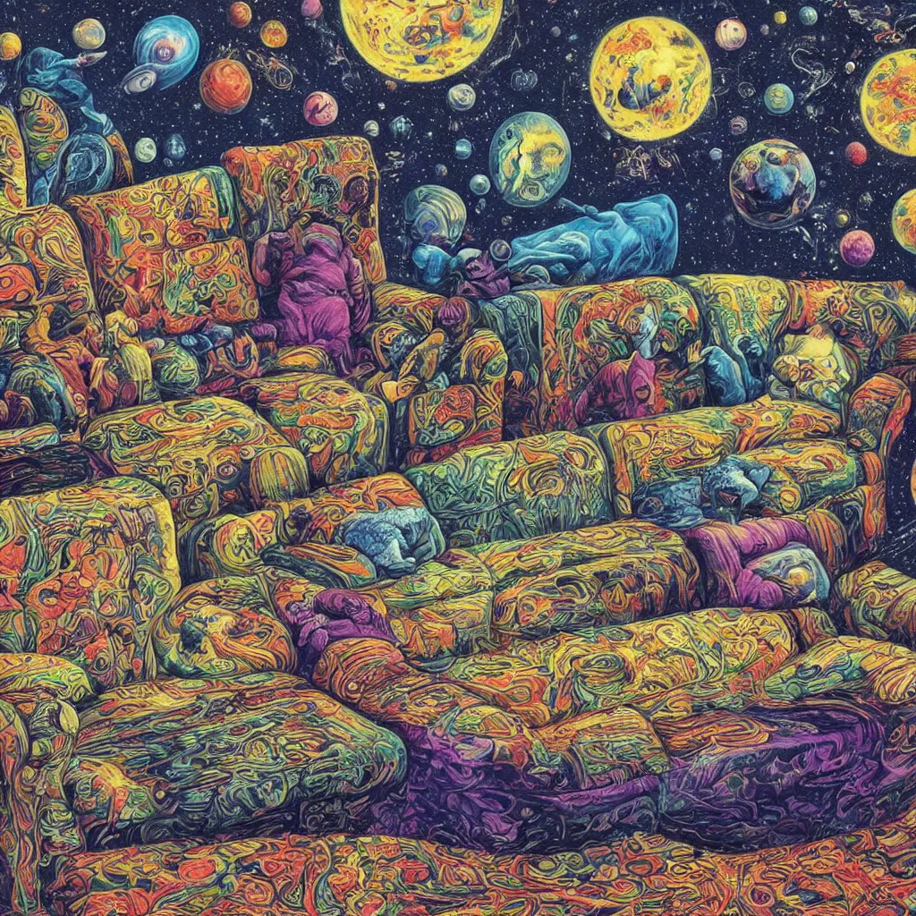 Image similar to psychedelic trippy couch in space, planets, milky way, sofa, cartoon by rob gonsalves and gustav dore
