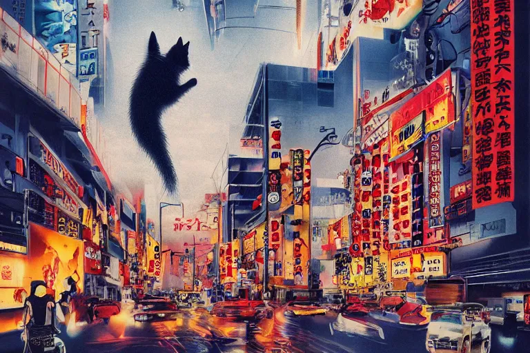 Prompt: cat attacking Tokyo, Swiss design movie poster, masterpiece, masterwork, cgstudio