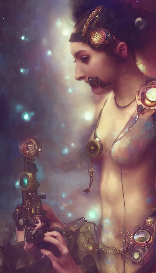 Image similar to hyper realistic photographer taking a picture, magical, gems, jewels, gold, steampunk, cyberpunk, painted by tom bagshaw, mucha, gaston bussiere, craig mullins, j. c. leyendecker 8 k